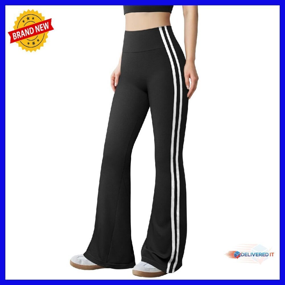 High Waist Flared Yoga Pants with Stripes, Stretchy Nylon Spandex